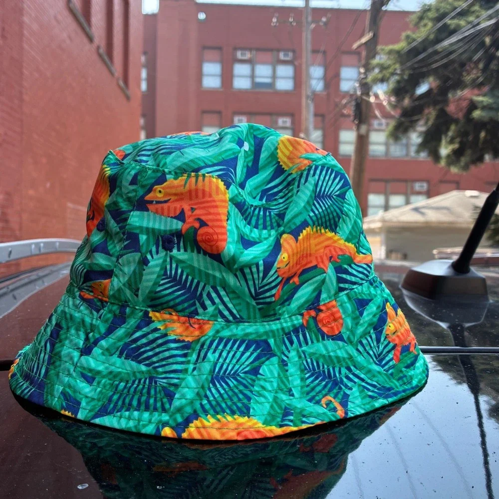 VSkinz Kids Reversible Bucket Hat Green Tropical Chameleon Palm Print Sun Hat